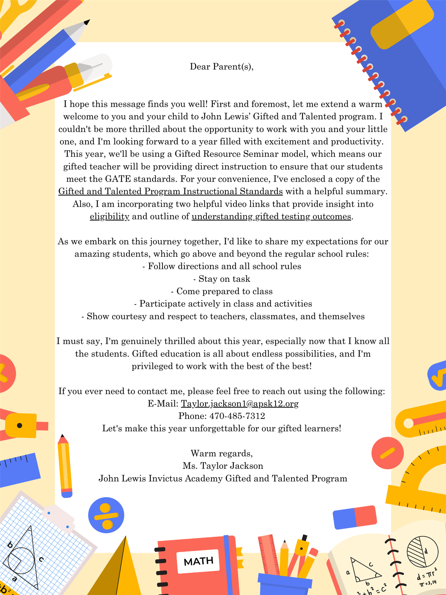 Welcome Letter for Parents GATE SY 25
